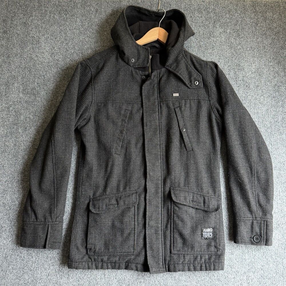 AMBIG Ambiguous Leeds Men’s M Wool Blend Plaid Hooded Jacket Coat Gray HO2012